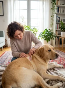 Dog owner checking a dog's skin for an early irritation