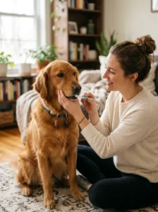 Dog becoming comfortable with gentle mouth handling before brushing