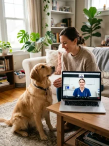Dog owner using a veterinary telehealth consultation at home