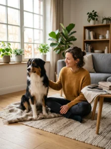 Dog owner taking a calm break during a challenging grooming session