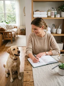 Dog owner tracking a dog's bathing schedule in a planner