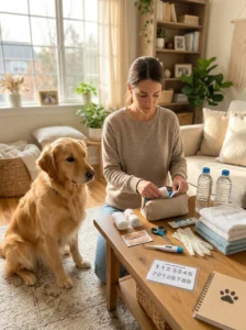 Dog owner preparing an emergency first-aid kit for heatstroke