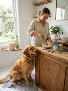 Dog owner preparing gentle homemade shampoo for a dog