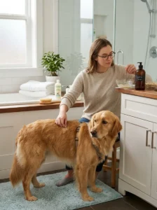 Dog owner safely patch testing homemade shampoo before a full bath