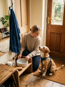 Preparing a paw-cleaning station before a dog's first muddy season
