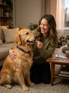 Dog being rewarded for progress during tooth brushing training