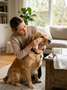 Gently cleaning mild dog eye discharge at home.