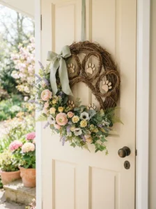 Spring floral dog paw wreath with pastel flowers and wooden paw prints