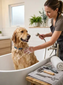 Dog receiving a deshedding shampoo before brushing