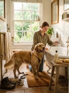 Dog receiving seasonal grooming after outdoor summer activity