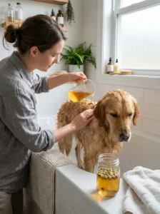 Dog receiving a soothing homemade chamomile rinse after bathing