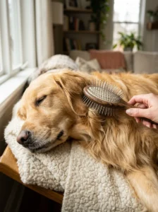 Pin brush gently grooming a long-haired dog's coat