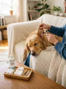 Dog receiving routine ear care after a previously treated ear problem