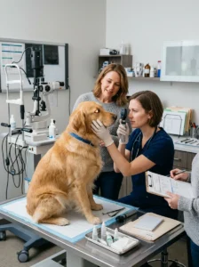 Veterinarian examining the possible causes of eye discharge in a dog.