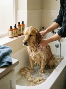 Dog receiving a bath to help remove loose undercoat during shedding season