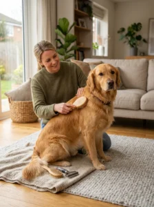 Dog receiving a regular gentle brushing session with appropriate grooming tools