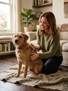 An anxious dog calmly participating in grooming after gradual training