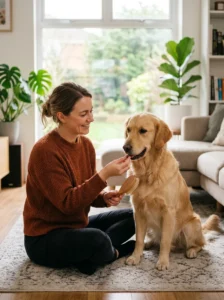 Short grooming sessions helping an anxious dog gradually build comfort