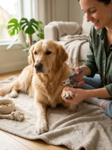 Owner safely trimming a dog's nails while gently holding its paw