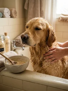 Dog receiving a gentle homemade oatmeal shampoo bath
