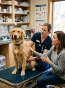 Veterinarian checking a dog's coat and overall health for possible hormonal changes