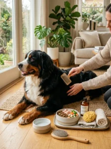 Healthy dog coat supported by grooming nutrition and proper bathing
