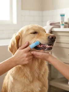 Dog receiving gentle finger brushing before using a toothbrush