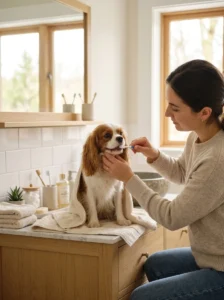Dog learning to brush with a soft dog toothbrush