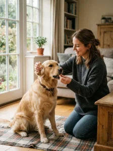 Dog receiving treats while learning to tolerate gentle ear handling