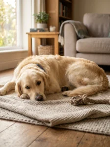 Healthy female dog with a well-maintained coat after routine veterinary care