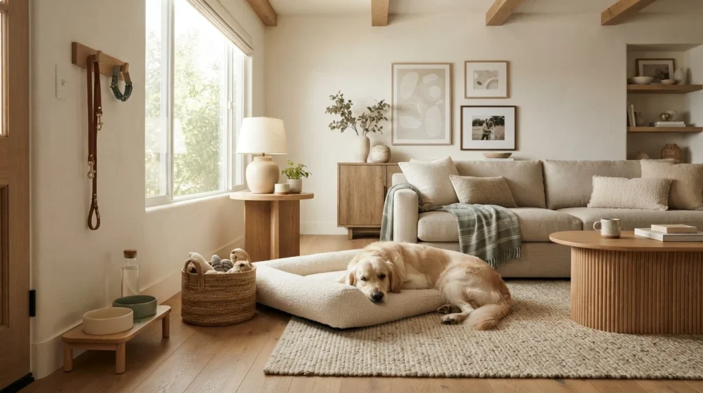 Aesthetic dog supplies styled in a cozy neutral living room