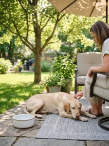 Light-coated dog protected from intense summer sun in a shaded area