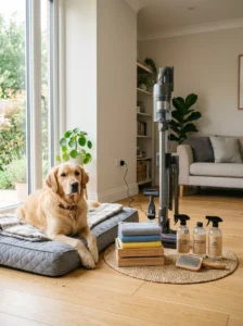 Organized routine for maintaining a fresh-smelling home with dogs