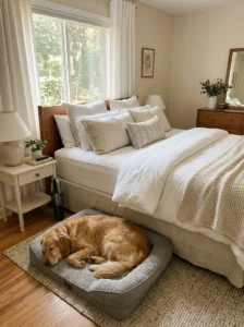 Bedroom setup for managing dog hair with washable bedding
