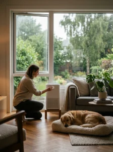 Air purifier and ventilation helping manage dog odor during humid weather