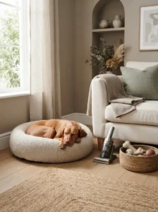 Cozy dog bed throw blanket and toy basket in a neutral living room