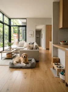 Pet-friendly home design with easy-to-clean floors and designated dog areas