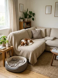 Washable throw and dog bed protecting a living room sofa