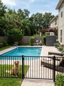 Pool and spa chemicals securely stored away from a dog