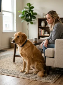 Golden Retriever showing subtle signs of anxiety and stress.