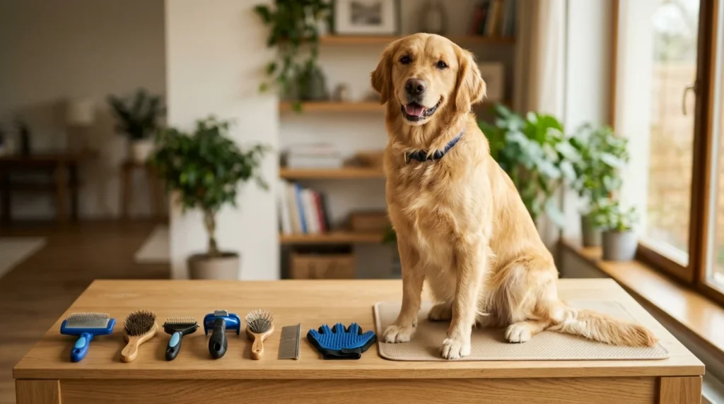 Dog sitting beside different grooming brushes for various coat types