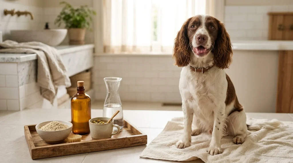 Homemade dog shampoo ingredients and a relaxed dog with sensitive skin