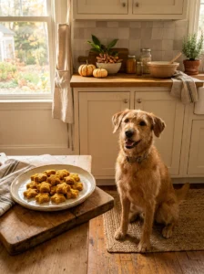 Golden turmeric pumpkin dog treats ready for a dog to enjoy