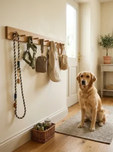 Entryway peg rail organizing dog leash, harness, and walking gear