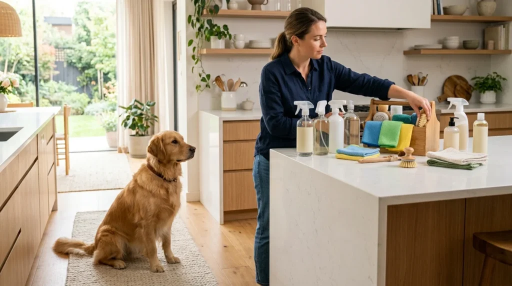 Dog-safe household cleaning products organized safely away from a dog