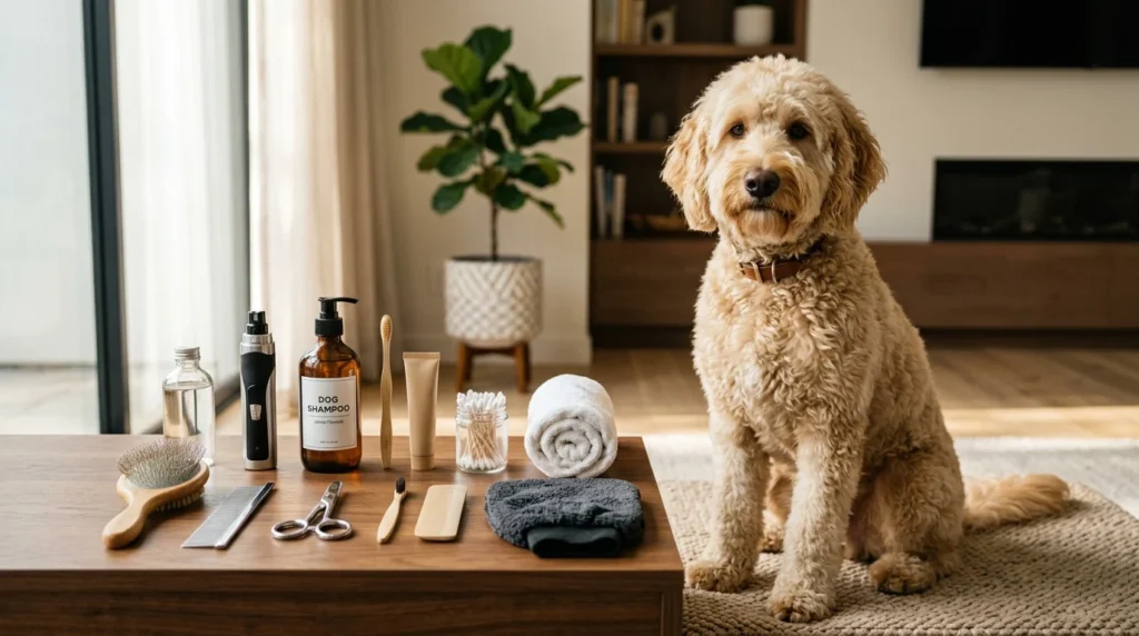 Essential dog grooming tools organized in a complete home grooming toolkit