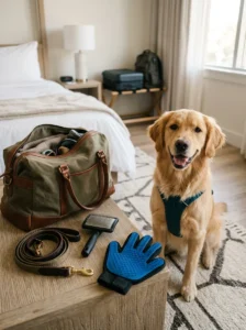 Compact dog grooming brushes packed for travel