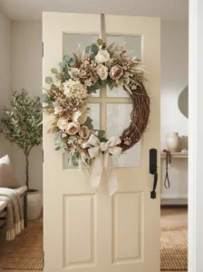 Neutral dog paw wreath with beige flowers and wooden paw prints