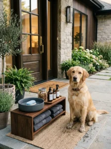 Organized dog paw-cleaning station at a home entryway