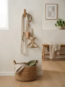 Neutral dog leash collar harness and walking accessories in an entryway